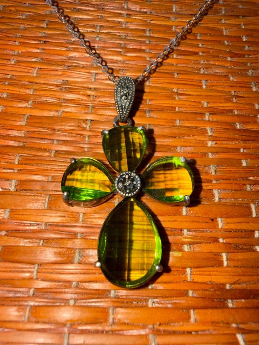 Vintage Sterling Silver Peridot & Marcasite Cross Pendant - 1.67 inch